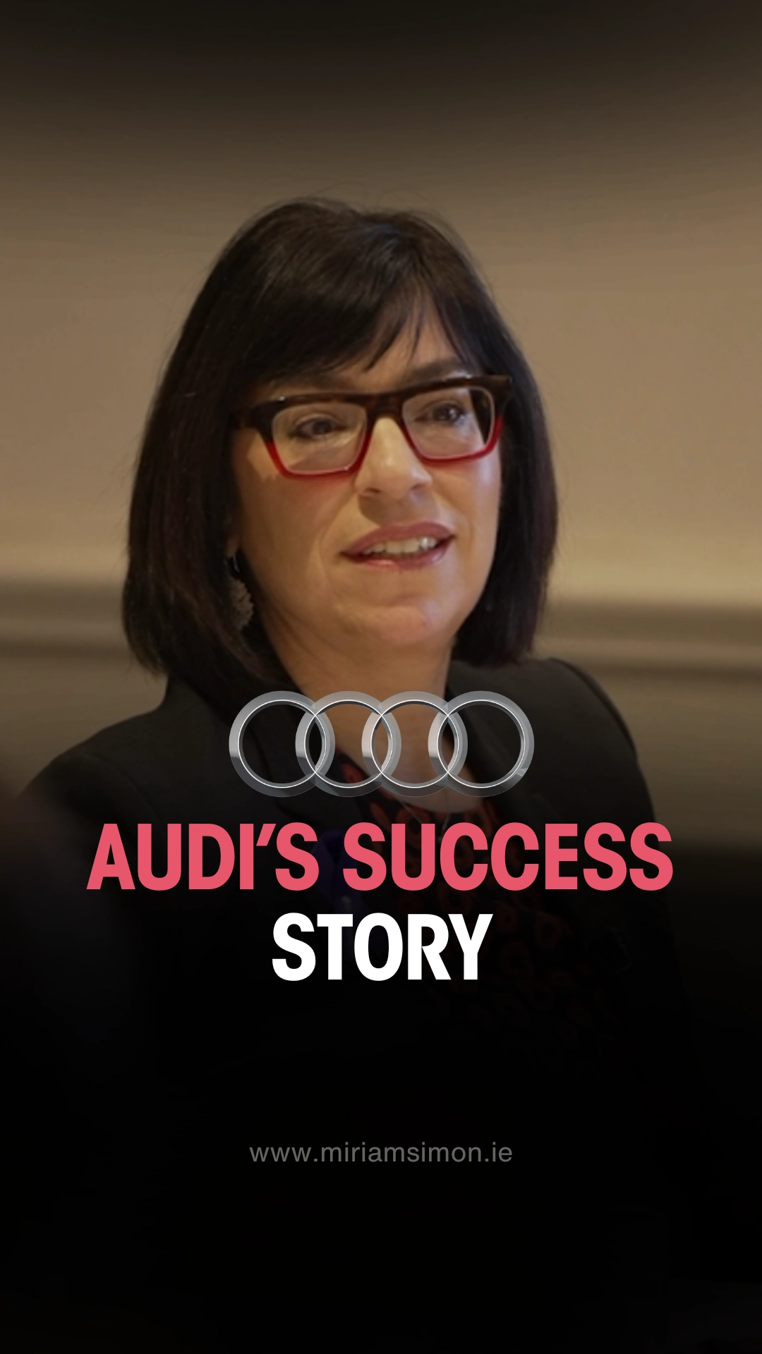 Miriam Simon in a vertical video still captioned “Audi’s success story” with the Audi rings
