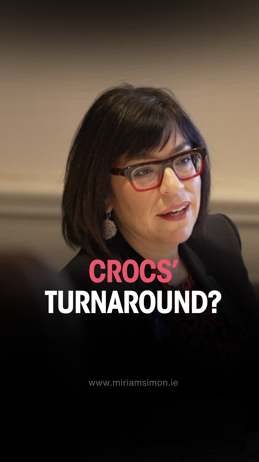 Miriam Simon speaking in a vertical video still captioned “Crocs’ turnaround?”