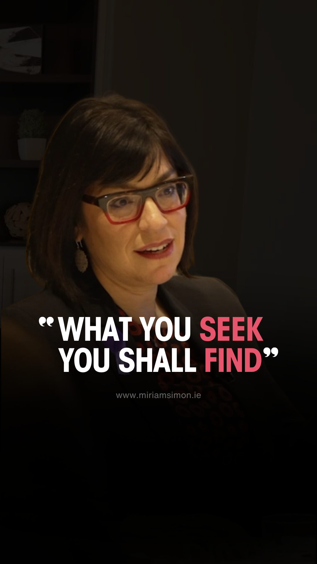 Miriam Simon in a vertical video still captioned “What you seek you shall find”
